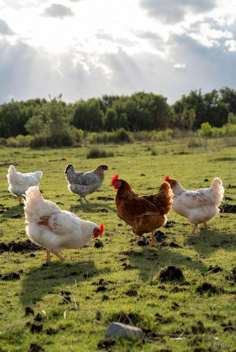 Free-range chickens foraging in a lush green field on the homestead